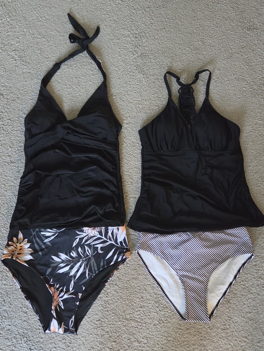 New Set Of Two Black Tankini Set with Floral and Striped Bottoms MEDIUM